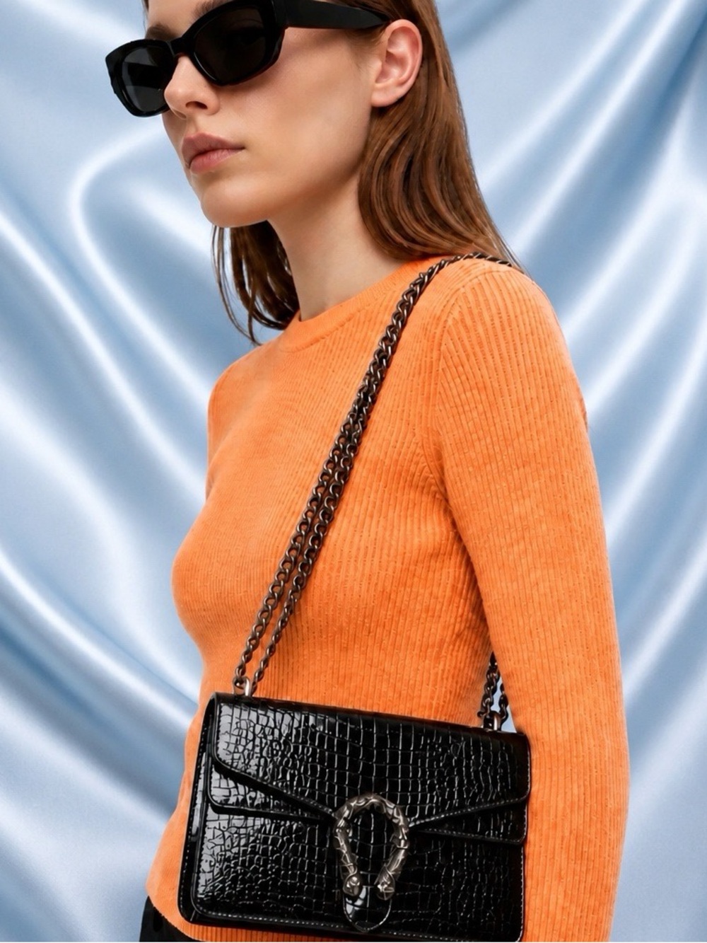 Elegant Faux Black PU Glossy Croc-Embossed Vegan Leather Adjustable Metal Strap